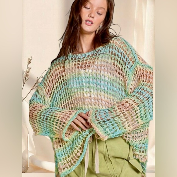 POL Tops - POL Seafoam Dreams Crochet Sweater Island-Inspired Coastal Bell Sleeve Top